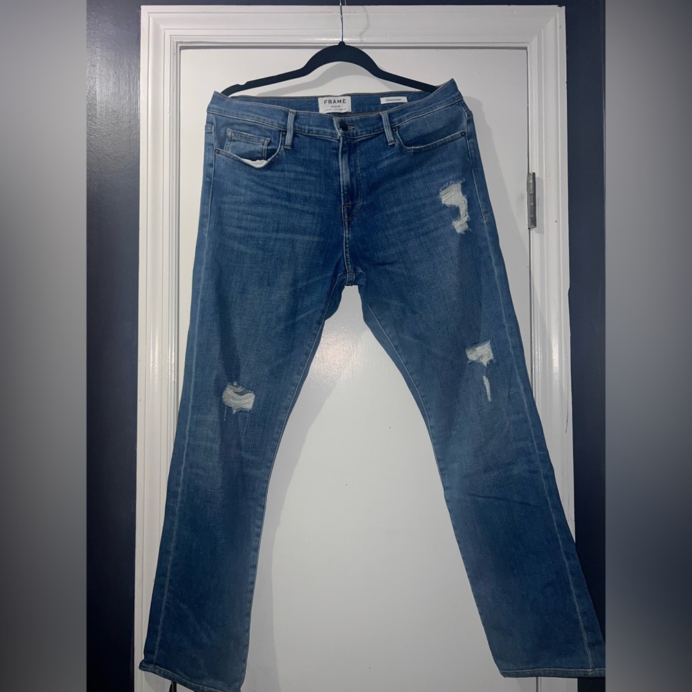 Frame Denim Women's Distressed Blue Straight Leg Jeans